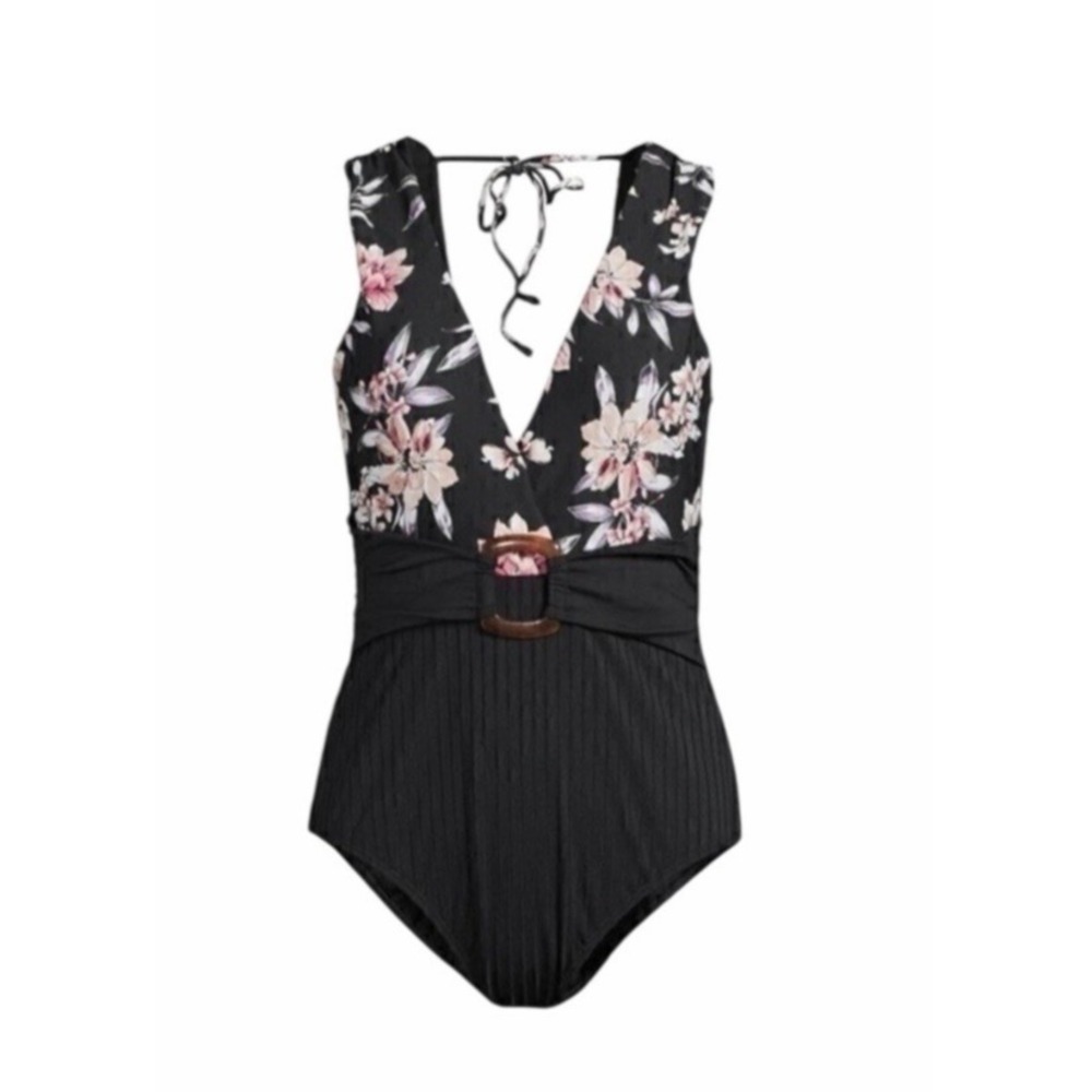 Time and Tru Floral One‎ Piece Swimsuit Belted Cheeky High Leg  XL 16-18 Black